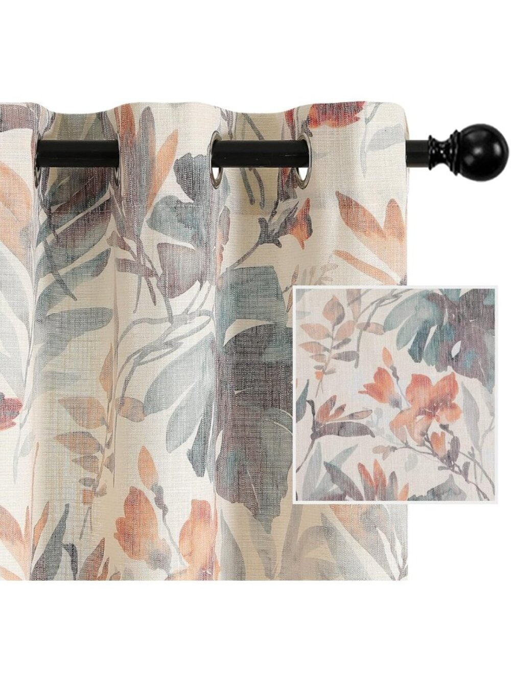 Floral 84" Grommet Curtains, Light Filtering Linen Style Drapes, 2 Panels, Coral